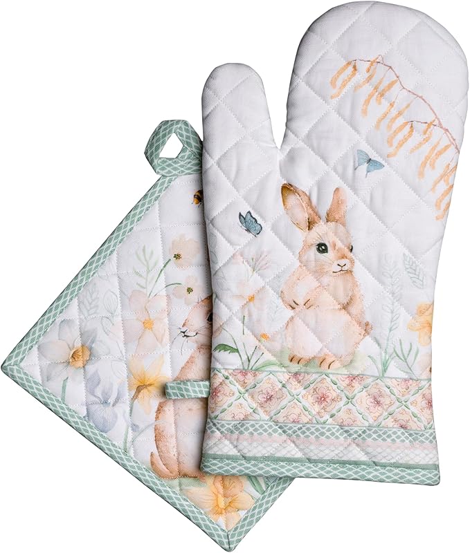 Maison d' Hermine 100% Cotton Oven Mitt & Pot Holder Set (7.5"x13" & 8"x8") Heat Resistant BBQ Cooking Gloves with Loop Baking Grilling Kitchen Hotel Home Farmhouse Spring Summer (Easter Dew)