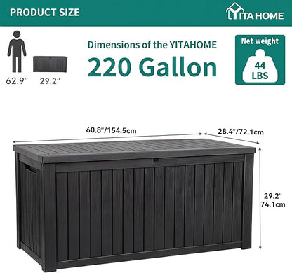 YITAHOME 220 Gallon Large Outdoor Storage XL Deck Box w/Divider for Patio Furniture,Outdoor Cushions, Garden Tools, Sports Equipment and Pool Supplies, Waterproof, Resin, Lockable, Black