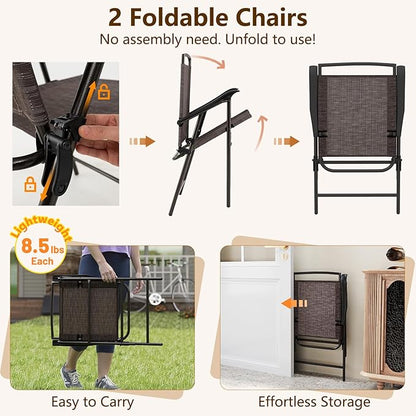 Goplus Patio Bistro Set, 3-Piece Patio Dining Furniture Set with Round Tempered Glass Table, 2 Foldable Chairs, Small Outdoor Folding Chairs & Table Set for Porch Garden Pool Yard
