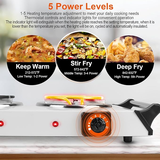 Electric Hot Plate, 2000W Countertop Double Burner with Adjustable Temperature & Handles, Stainless Steel Coil Electric Stove for Cooking Cooktop for Home Kitchen Dorm RV Camp, White
