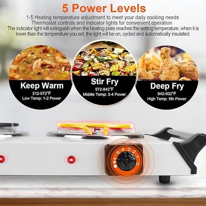Electric Hot Plate, 2000W Countertop Double Burner with Adjustable Temperature & Handles, Stainless Steel Coil Electric Stove for Cooking Cooktop for Home Kitchen Dorm RV Camp, White