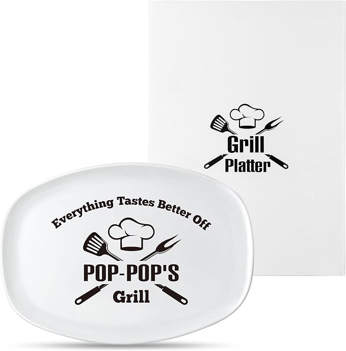R HORSE Melamine Grill Platter Gift, BBQ White Oval Serving Tray Plate | Christmas, New Year, Birthday Gift for Dad Grandpa Men, Ideal for Appetizer, Dessert, Salad, Outdoor Indoor Cooking Party