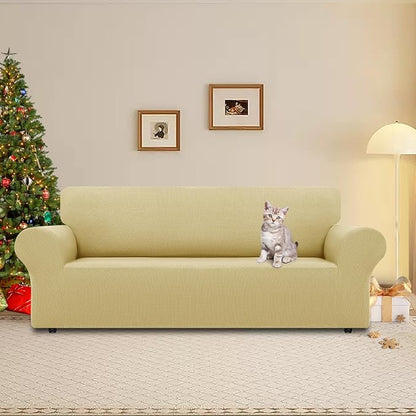 LURKA Stretch Sofa Slipcovers 1 Piece Couch Covers for 3 Cushion Couch Sofa Furniture Protector Full Sofa Covers with Elastic Bottom for Kids and Dog (Champagne, Large)