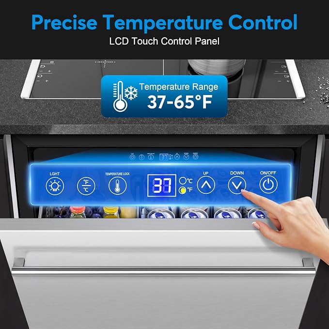 24" Undercounter Beverage Cooler, Outdoor Stainless Steel Drawer Fridge | Temp control, Outdoor patio garage bar, Home kitchen commercial, Rustproof stainless steel, Energy efficient, Digital display