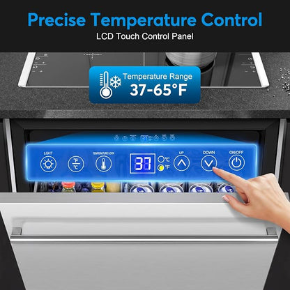 24" Undercounter Beverage Cooler, Outdoor Stainless Steel Drawer Fridge | Temp control, Outdoor patio garage bar, Home kitchen commercial, Rustproof stainless steel, Energy efficient, Digital display