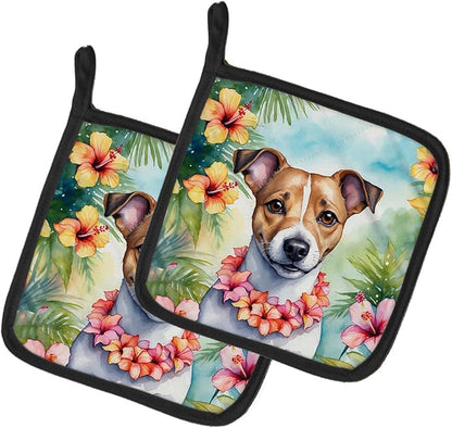 Caroline's Treasures Jack Russell Terrier Luau Pair of Pot Holders Kitchen Heat Resistant Pot Holders Sets Oven Hot Pads for Cooking Baking BBQ, 7 1/2 x 7 1/2