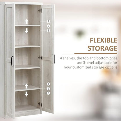 HOMCOM 63" 2-Door Kitchen Pantry, Freestanding Storage Cabinet with 5-Tier Shelving and 2 Adjustable Shelves for Dining Room, Antique White