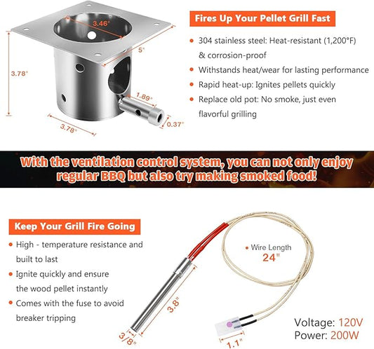 QuliMetal 304 Stainless Steel Fire Burn Pot & Hot Rod Ignitor Kit – Replacement Parts for Traeger & Pit Boss Wood Pellet Grill Smoker, Durable Fire Pot with Ash Remover, Screws and Fuse, Easy Install