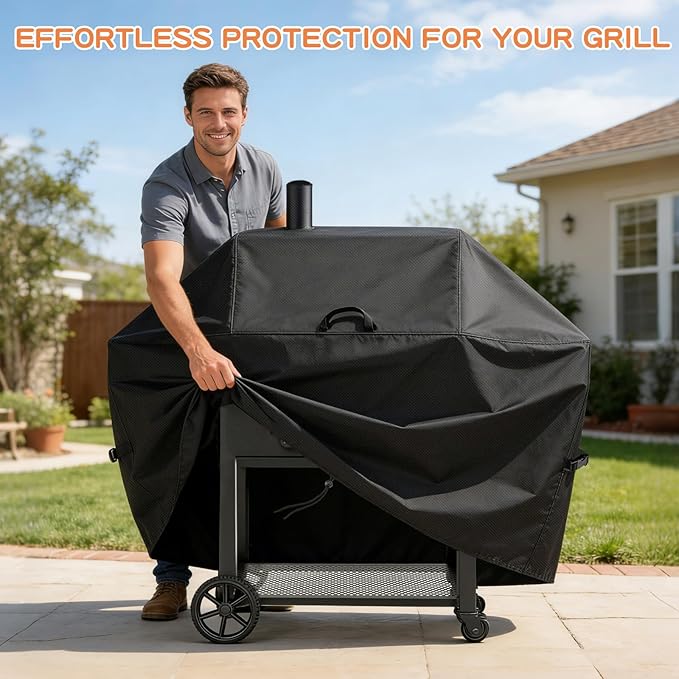 TheElves Grill Cover for Char-Griller 2175 Classic Cart Charcoal Grill, 58" Outdoor Grill Covers Waterproof Heavy Duty for Charcoal Grill Offset Smoker with Smoke Stack - 58" W x 29" D x 50" H