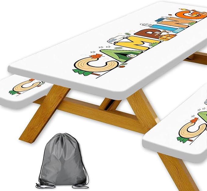 Kids Picnic Table Cover with Bench Covers & Storage Bag 3PCS, 30x60 Inch Cartoon Camping Themed Waterproof Fitted Outdoor Patio Tablecloth with Elastic Edges, Camping Essentials for Garden Campsite