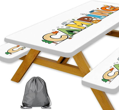 Kids Picnic Table Cover with Bench Covers & Storage Bag 3PCS, 30x60 Inch Cartoon Camping Themed Waterproof Fitted Outdoor Patio Tablecloth with Elastic Edges, Camping Essentials for Garden Campsite