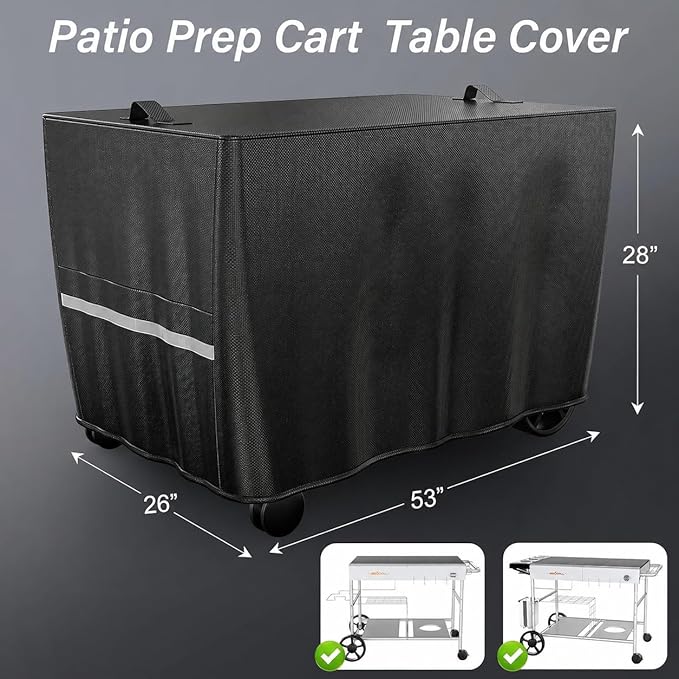 Pizza Oven Cart Table Cover, 53 x 26 x 28 in Outdoor Grill Table Cover with 600D Weather-Resistant Fabric and Drawstring, Patio BBQ Prep Table Cover for Rolling Kitchen Cart