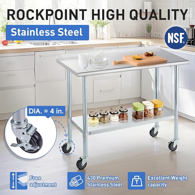 Stainless Steel Table for Prep & Work with Caster & Backsplash 24x36 Inches, NSF Metal Commercial Kitchen Heavy Duty Table with Adjustable Under Shelf and Table Foot for Restaurant, Home and Hotel
