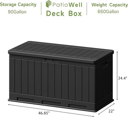 Patiowell 90 Gallon Resin Deck Box, Waterproof Large Outdoor Storage Box for Patio Furniture and Garden Tools (Black)