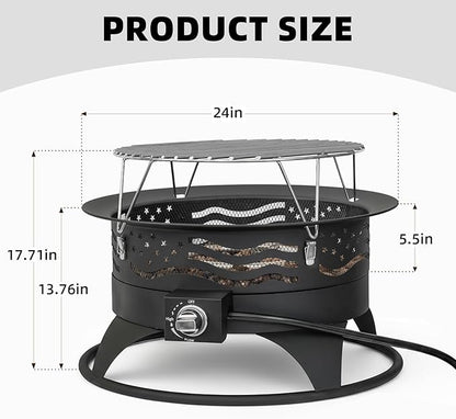Panovue 24 Inch Portable Propane Fire Pit with Grill, 60000 BTU Outdoor Gas Firepit with Lava Rocks & Adjustable Flame, Smokeless Gas Firebowl for Backyard, Camping & Gatherings