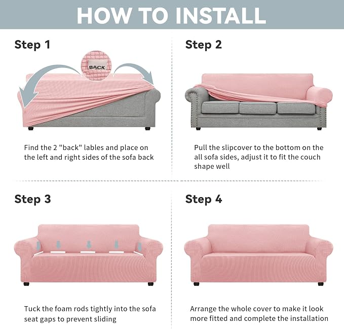 LURKA Stretch Oversized Couch Cover, 1 Piece 4 Seater Sofa Slipcover, Pink | Soft Stretch Jacquard, Fits 94"-110" Oversized Sofas, Elastic Bottom for Secure Fit, Machine Washable, Pet & Kid Friendly