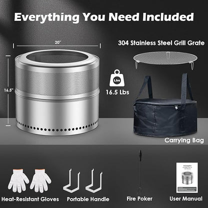 Smokeless Fire Pit Outdoor, 20 Inch Portable Stainless Steel Smokeless Firepit with Grill Grate, Ash Pan & Carry Bag, Low Smoke Wood Burning Fire Pits for Camping, RV, Patio, Compact Storage
