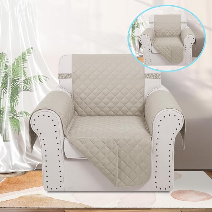 Reversible Recliner Chair Covers, 23" Chair, Beige/Beige | Chair Covers for Living Room with Elastic Straps, Water Repellent, Chair Protectors Covers for Dogs