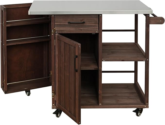 JIVOIT Outdoor Kitchen Island with Stainless Steel Worktop, Fir Wood Prep Station Lockable Kitchen Cart with Ample Storage Space, Towel and Spice Racks for Patio and Outdoor (Dark Brown/122)