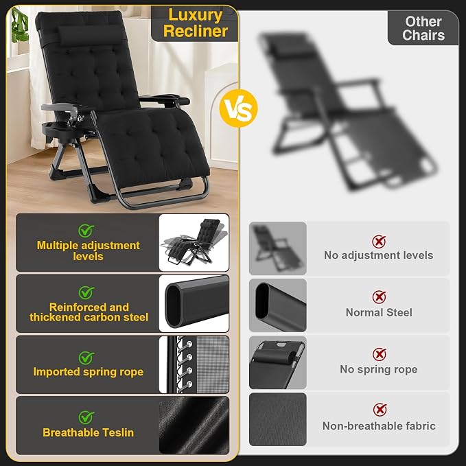 Suteck Zero Gravity Chair, Reclining Camping Lounge Chair w/Removable Pad | Aluminum Alloy Lock, Folding Patio Recliner with Adjustable Headrest and Side Tray for Outdoor Patio, Lawn, and Camping