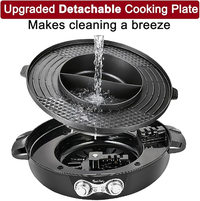 Food Party Hot Pot Electric Korean BBQ Grill Combo Hotpot Smokeless Indoor Grill 16.5" Detachable Easy Cleaning 110V 1800W Shabu Shabu Pot with Divider