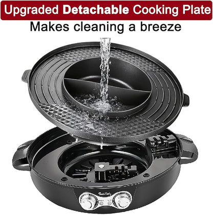 Food Party Hot Pot Electric Korean BBQ Grill Combo Hotpot Smokeless Indoor Grill 16.5" Detachable Easy Cleaning 110V 1800W Shabu Shabu Pot with Divider