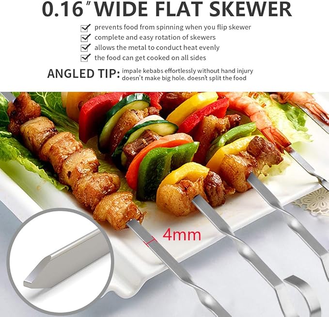 Skewers for Kabobs, 12" Metal Kebab Skewers for Grilling Flat Long Stainless Steel Kabob Sticks Reusable Grill Shish BBQ Barbecue Sticks for Meat Chicken Vegetable Shrimp, 12 Pack