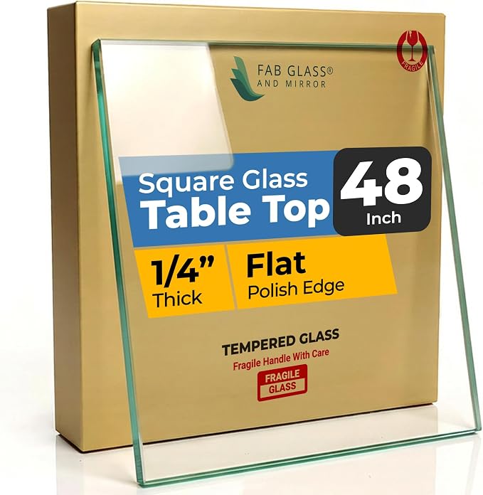 Tempered Glass Table Top 48 Inch Square Flat Polished Edge Clear Surface 1/4 Inch Thick for Home Office or Outdoor Furniture by Fab Glass and Mirror