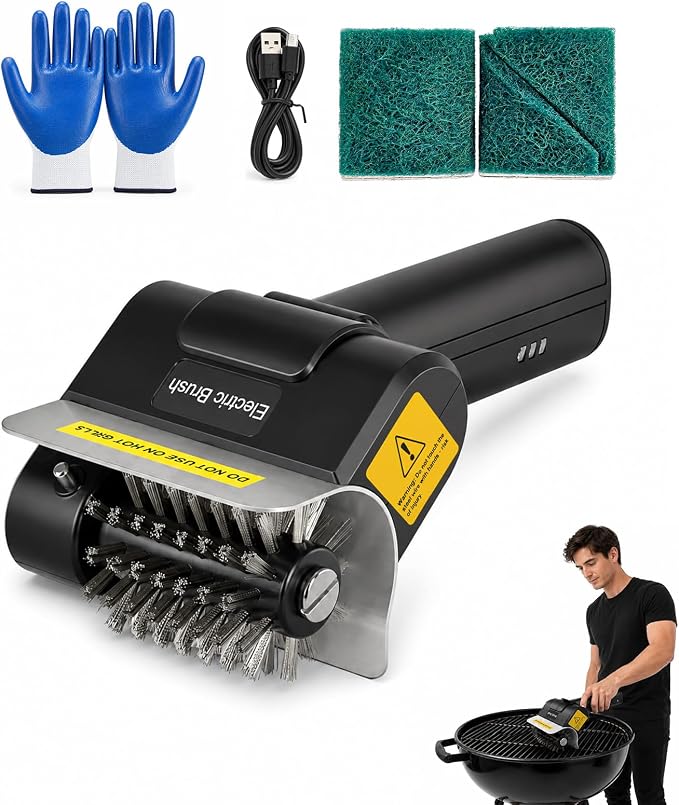 Electric Grill Brush for Outdoor, Rechargeable Cordless BBQ Grill Cleaner, 1100RPM Power Grill Cleaning Brush with 1 Brush Head & 2 Scouring Pad, Gifts for Men Dad