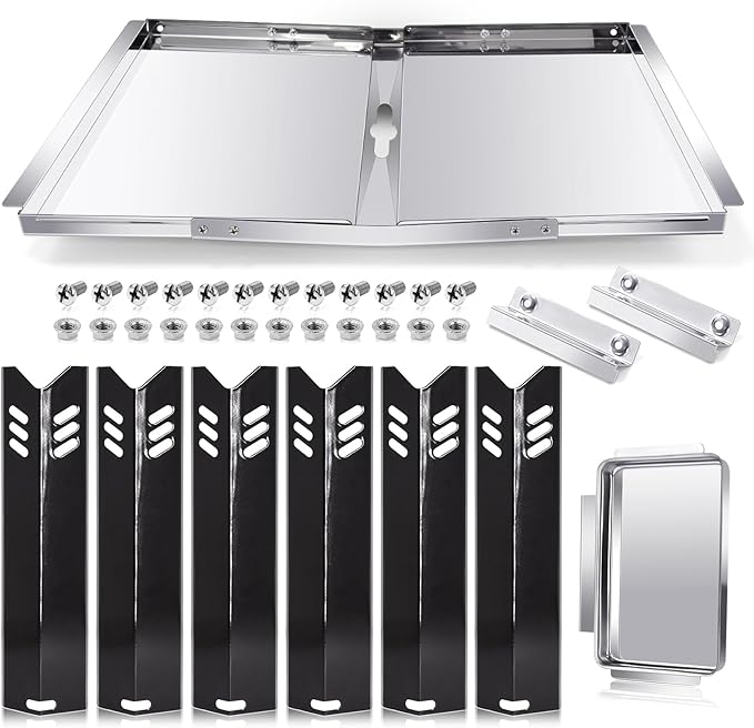 Hiorucet Grill Grease Tray Replacement Parts for Dyna Glo DGB610SSP, Adjustable 30''-36'' Gas Grill Drip Pan with Catch Pan, Heat Plate Shields for Dyna Glo 6 Burner Grill Parts.