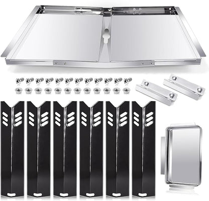 Hiorucet Grill Grease Tray Replacement Parts for Dyna Glo DGB610SSP, Adjustable 30''-36'' Gas Grill Drip Pan with Catch Pan, Heat Plate Shields for Dyna Glo 6 Burner Grill Parts.