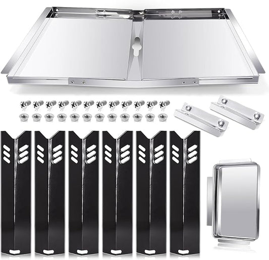 Hiorucet Grill Grease Tray Replacement Parts for Dyna Glo DGB610SSP, Adjustable 30''-36'' Gas Grill Drip Pan with Catch Pan, Heat Plate Shields for Dyna Glo 6 Burner Grill Parts.