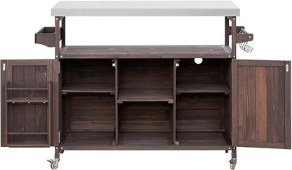 Ball & Cast Outdoor Kitchen Island,Rolling Bar Cart & Storage Cabinet,Farmhouse Solid Wood Outdoor Grill Table with Stainless Steel Top,Spice and Towel Rack,for Kitchen,Barbecue,Dark Brown,50.25"
