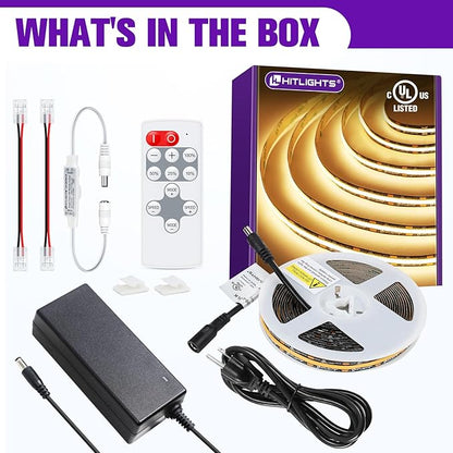 HitLights COB LED Strip Lights Kit Warm White with Remote & 12V Power Supply,16.4ft Dimmable Tape Light 3000K, 2400LEDs, 305+Lm/ft, UL Listed, Flexible Rope Lights for Bedroom Kitchen Cabinet Lighting