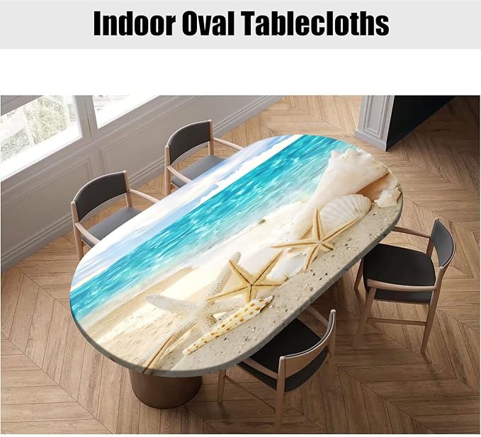 Oval Seashore with Shells Fitted Table Cover, Summer Sea Sun Beach Elastic Edged Polyester Waterproof Table Cover, for Indoor Restaurant or Outdoor Patio Party Dining, Fits Tables up to 60" W x 84" L