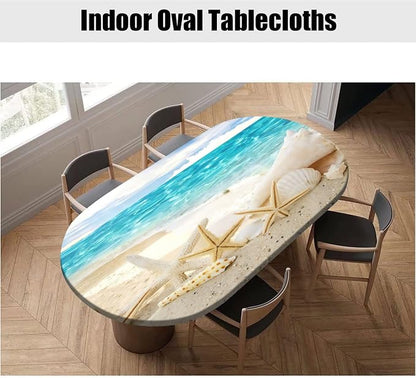Oval Seashore with Shells Fitted Table Cover, Summer Sea Sun Beach Elastic Edged Polyester Waterproof Table Cover, for Indoor Restaurant or Outdoor Patio Party Dining, Fits Tables up to 60" W x 84" L