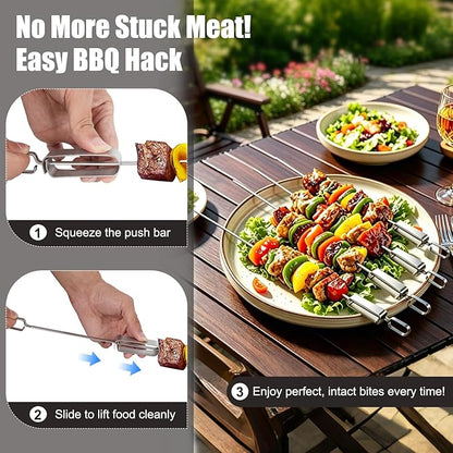 16.5" Skewers for Grilling with Push Bar, Flat Metal Kabob Skewers, Reusable Stainless Steel BBQ Skewers, Heavy Duty Shish Kebab Skewers for Outdoor Camping Grill Kitchen Cooking