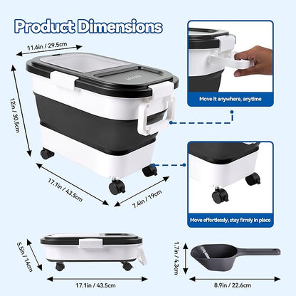 Wood Pellet Storage Container 20-25lbs, Airtight Bin with Locking Lid & Clear Window, Collapsible Pellet Bucket with Wheels, Scoop & Labels, Black & White