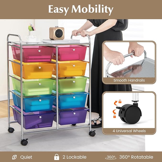 HOMGX Rolling Cart with 10 Drawers, 10 Tiers Multicolor Trolley, Drawer Bin Carts with 2 Lockable Wheels, Adjustable File & Debris Organizer Cart, Rolling Storage Cart for Office, School, Home