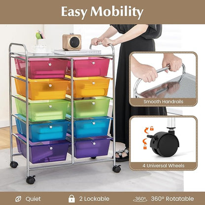 HOMGX Rolling Cart with 10 Drawers, 10 Tiers Multicolor Trolley, Drawer Bin Carts with 2 Lockable Wheels, Adjustable File & Debris Organizer Cart, Rolling Storage Cart for Office, School, Home