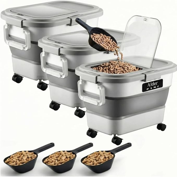 Maxdot 3 Sets 22lb Airtight Wood Pellet Storage Container Bin Kit with Clear Window, Locking Lid, Collapsible Design with Rolling Wheels, Pellet Bucket Includes Scoops Labels for Grill, Smoker