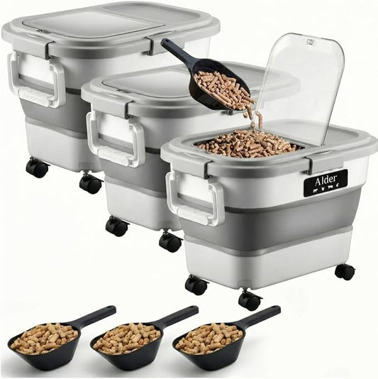 Maxdot 3 Sets 22lb Airtight Wood Pellet Storage Container Bin Kit with Clear Window, Locking Lid, Collapsible Design with Rolling Wheels, Pellet Bucket Includes Scoops Labels for Grill, Smoker