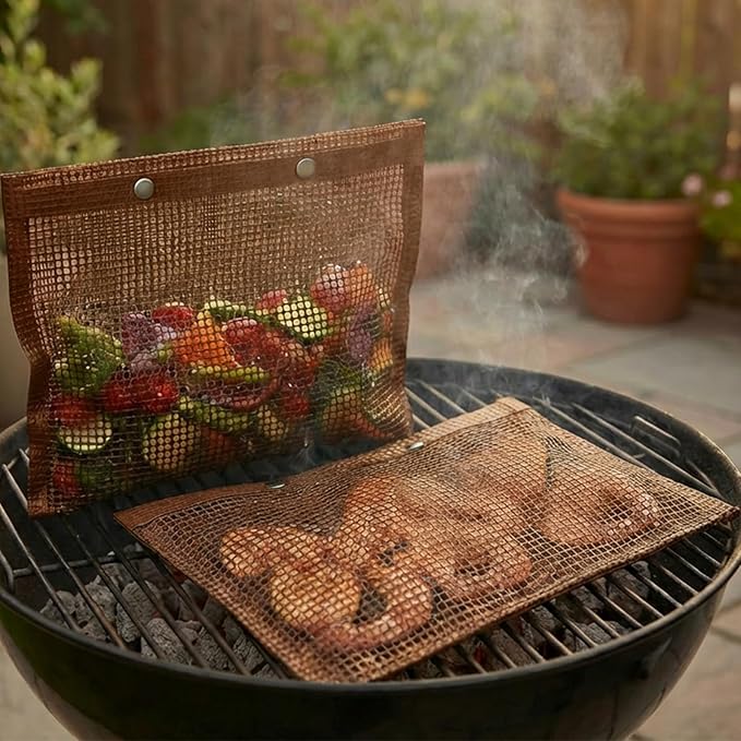 Mesh Grill Bags for Outdoor Grill – Reusable PTFE Non-Stick Grilling Pouch for Easy Cleanup, Grilling Bags for Vegetables, Fish & Smoker Accessories – Dishwasher Safe, 2Pcs