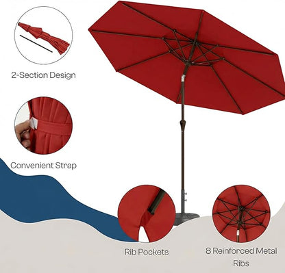 Outdoor Patio Umbrella, 2 Tiers Market Table Umbrella with 8 Sturdy Ribs, Push Button Tilt and Crank, UPF50+ UV Protection for Deck, Pool, Garden and Backyard