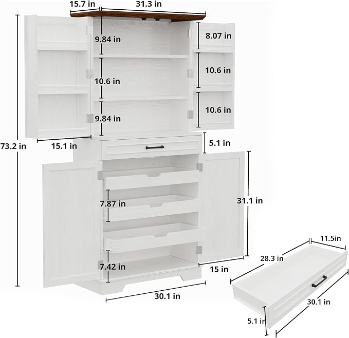 IRONCK 72" Kitchen Pantry Cabinet with Sliding Rack & Adjustable Shelves | Kitchen Storage Cabinets with Drawers and Door Shelves, Freestanding Cupboard for Dining Room, Living Room, White