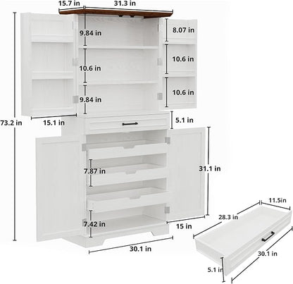 IRONCK 72" Kitchen Pantry Cabinet with Sliding Rack & Adjustable Shelves | Kitchen Storage Cabinets with Drawers and Door Shelves, Freestanding Cupboard for Dining Room, Living Room, White