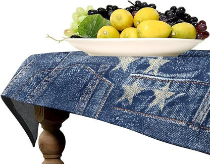 Denim Patchwork Style Tablecloth, Fashionable Blue Denim Jean Pocket Design Water Resistant Wipeable Table Cover for Farmhouse Picnic Party Holiday Kitchen Dinner Table 60"x110"