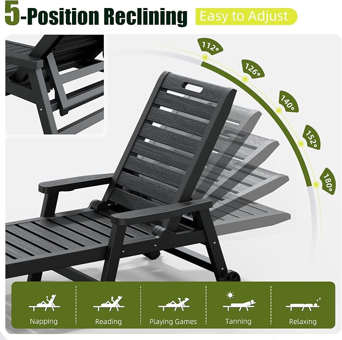 Outdoor Chaise Lounges, Patio Lounge Chair (Black with Wheels, Set of 2) | Wood-Grain HDPE, 5-Position Recline, Lockable Wheels, Cup Holder, 450 lbs, Indoor/Outdoor