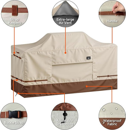 600D Heavy Duty Waterproof Extra Large Grill Cover, Fits for 98 Inch Island with Center Grill Head, Tear & Fade Resistant Outdoor Kitchen Cover with Buckle, Drawstring, Air Vent, Beige & Brown