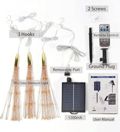 PXBNIUYA 3 Pack 600 LED Solar Starburst Sphere Lights Remote Control,LED Firework Light 8 Modes Dimmable Waterproof Hanging Fairy Light, Copper Wire Lights for Patio Parties Christmas (Warm White)